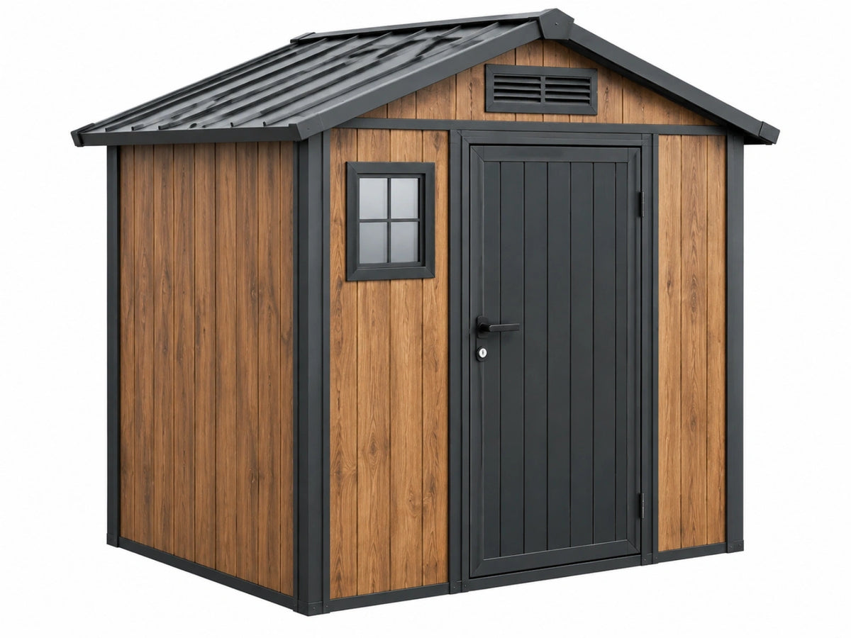 Abri de jardin 213 x 127 x 185 cm en résine aspect bois marron anthracite avec toit incliné