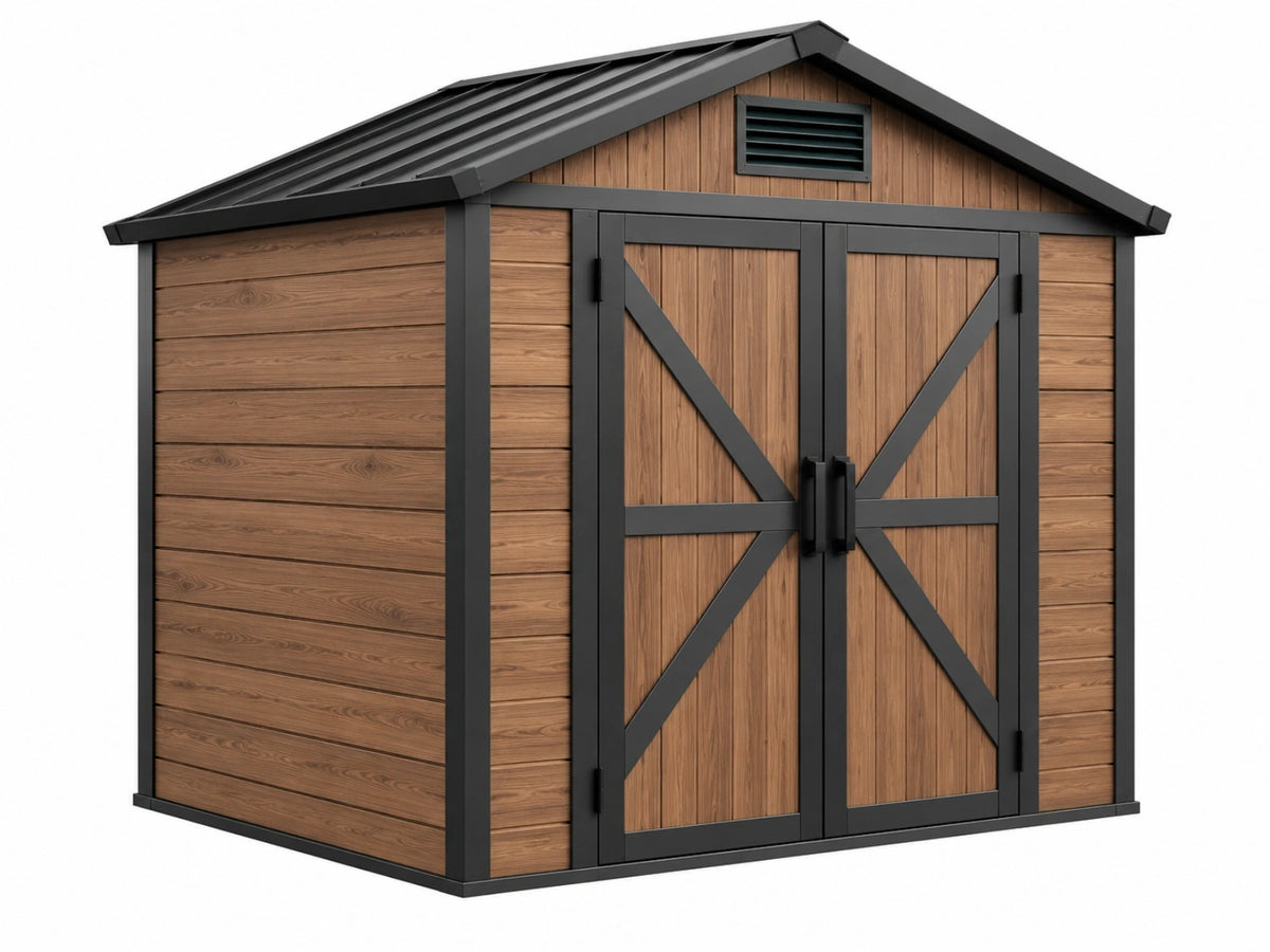 Abri de jardin 200 x 120 x 190 cm aspect bois brun et métal noir avec portes doubles