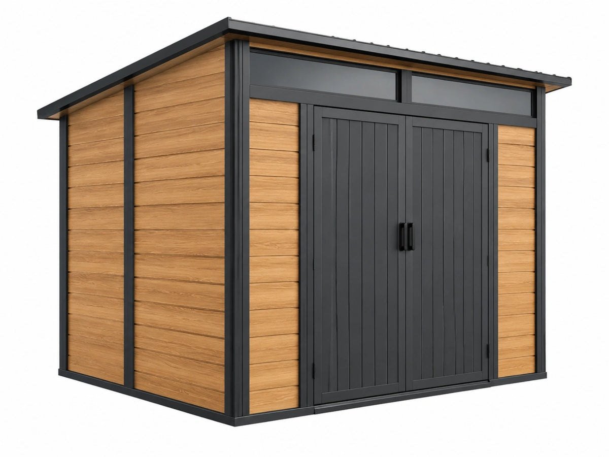 Abri de jardin 240 x 180 x 220 cm acier noir/bois à double porte pour rangement extérieur