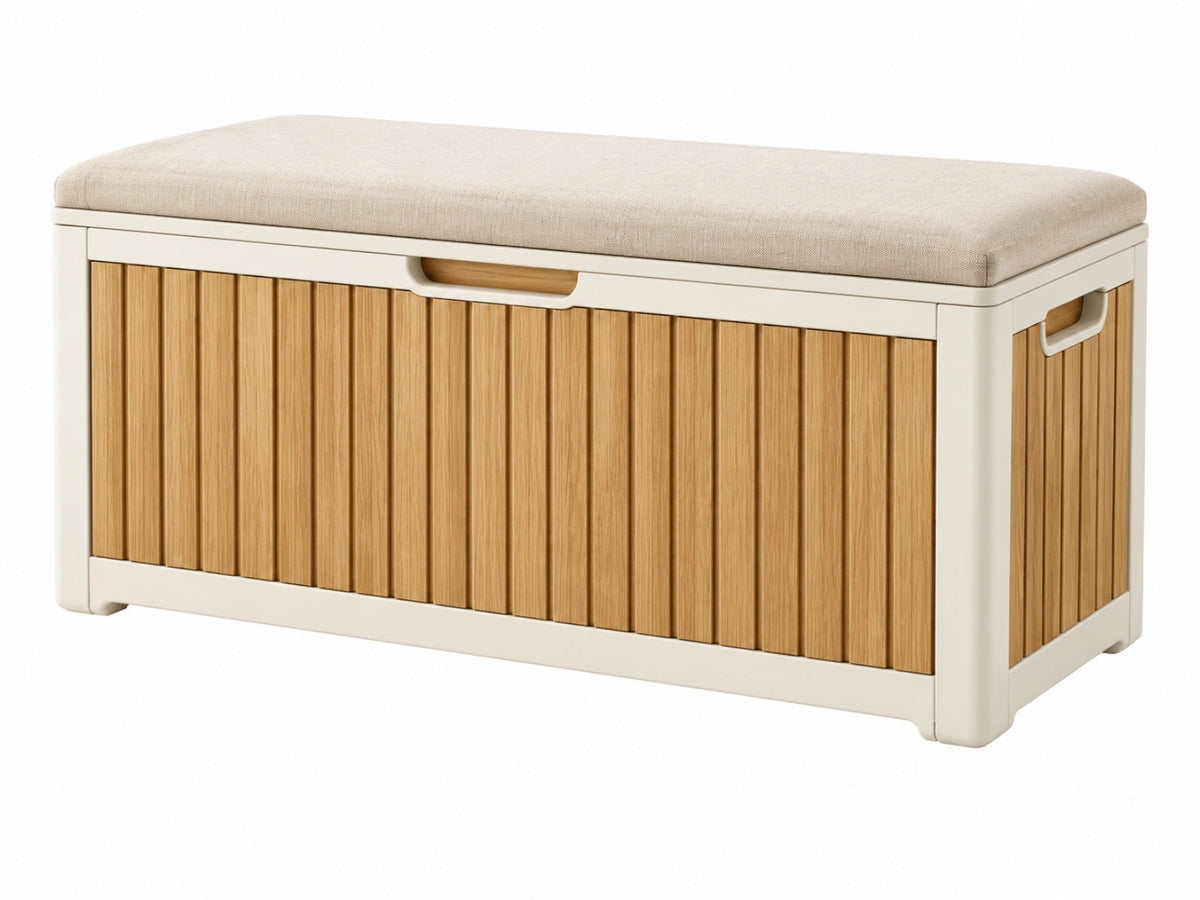 Banc coffre de rangement 100 x 40 x 45 cm en bois beige et naturel avec assise rembourrée