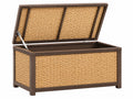 Coffre de rangement extérieur 120 x 60 x 65 cm en résine tressée beige et métal brun avec couvercle assisté