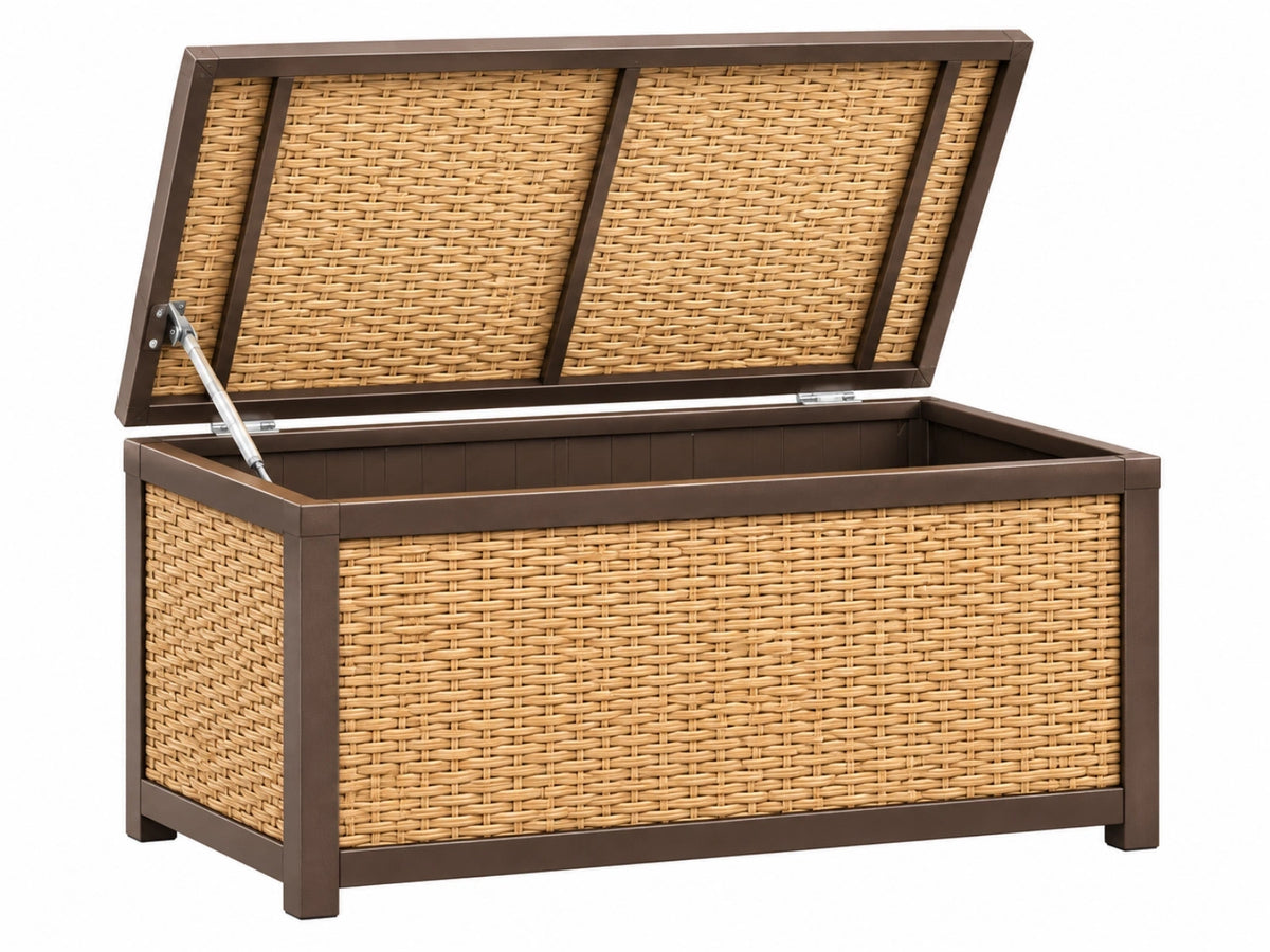 Coffre de rangement extérieur 120 x 60 x 65 cm en résine tressée beige et métal brun avec couvercle assisté
