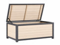 Coffre de rangement extérieur 120 x 60 x 63 cm en acier et panneaux composites beige anthracite avec couvercle relevable