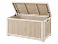 Coffre de rangement extérieur 120 x 56 x 63 cm en résine tressée beige avec couvercle assisté