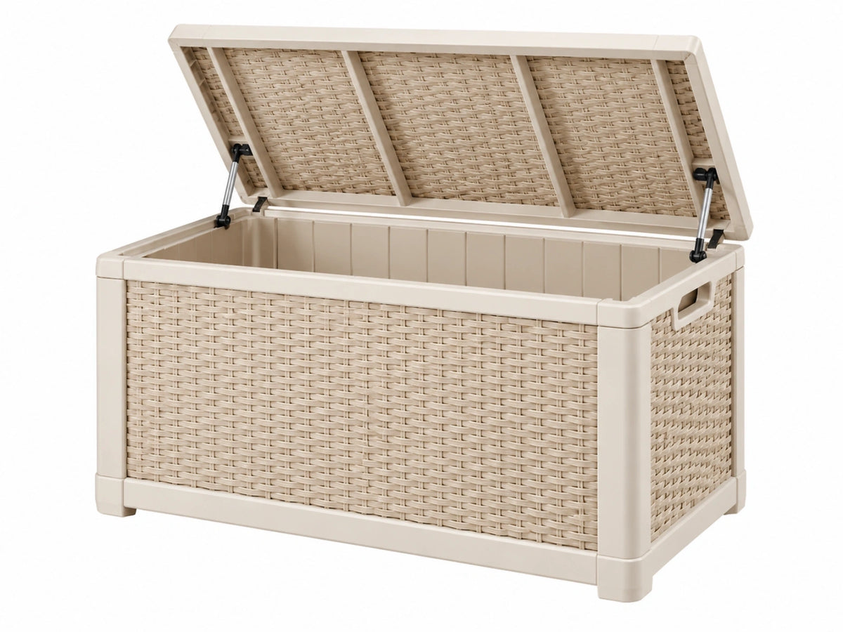Coffre de rangement extérieur 120 x 56 x 63 cm en résine tressée beige avec couvercle assisté