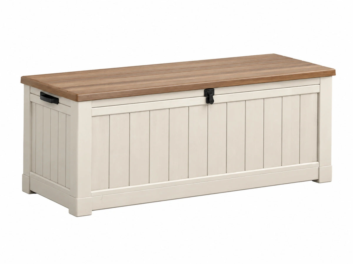 Coffre de rangement 120 x 50 x 55 cm en bois beige et brun avec couvercle