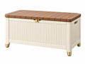 Coffre de rangement extérieur 120 x 60 x 60 cm en résine beige et plateau aspect bois marron avec couvercle