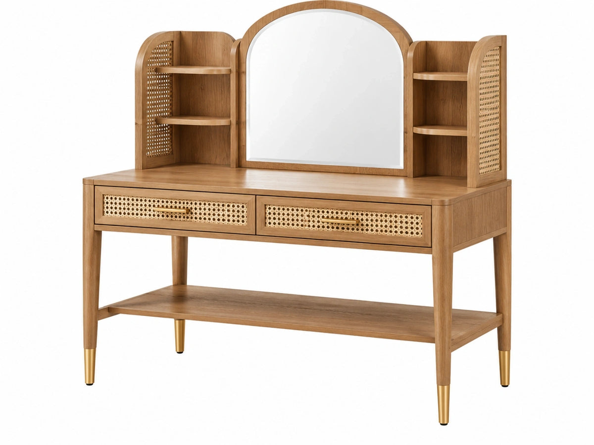Coiffeuse 120 x 45 x 150 cm en bois brun et cannage avec miroir et rangements style vintage