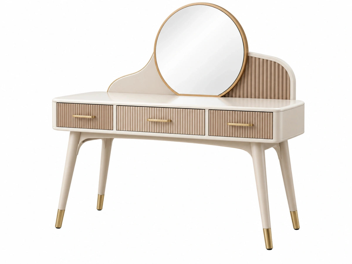 Coiffeuse 120 x 45 x 145 cm avec miroir rond beige et doré à 3 tiroirs
