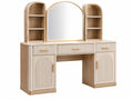 Coiffeuse 140 x 45 x 160 cm en panneaux de bois beige et bois naturel avec miroir et rangements