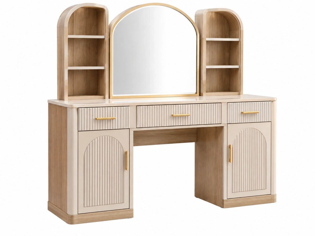 Coiffeuse 140 x 45 x 160 cm en panneaux de bois beige et bois naturel avec miroir et rangements