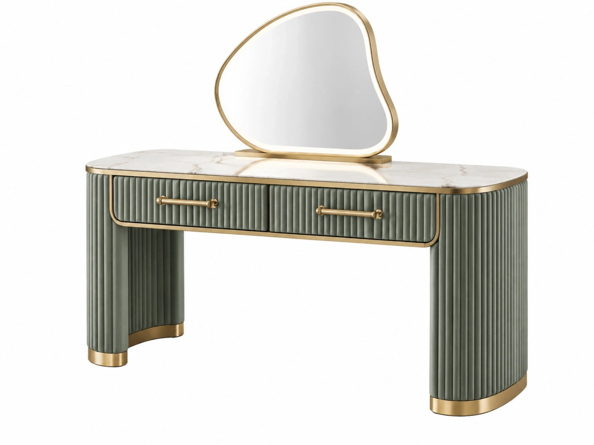 Coiffeuse 120 x 45 x 145 cm vert sauge et doré effet marbre avec miroir contemporain