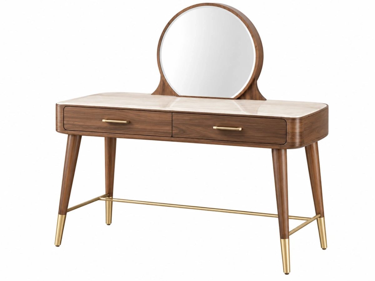 Coiffeuse 120 x 45 x 140 cm en bois marron avec miroir rond et 2 tiroirs style contemporain