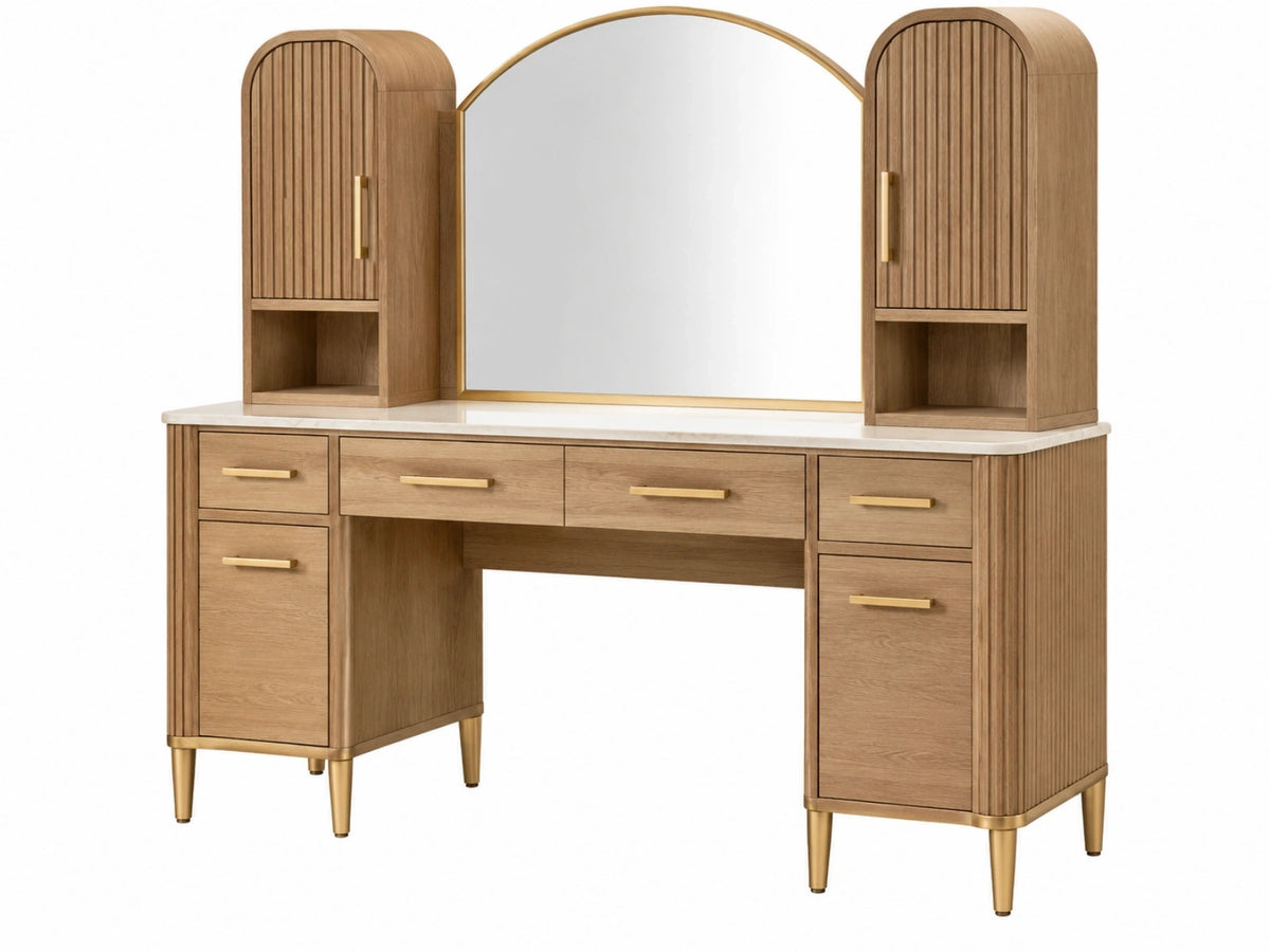Ensemble coiffeuse 160 x 50 x 180 cm en bois brun avec miroir et rangements style art déco