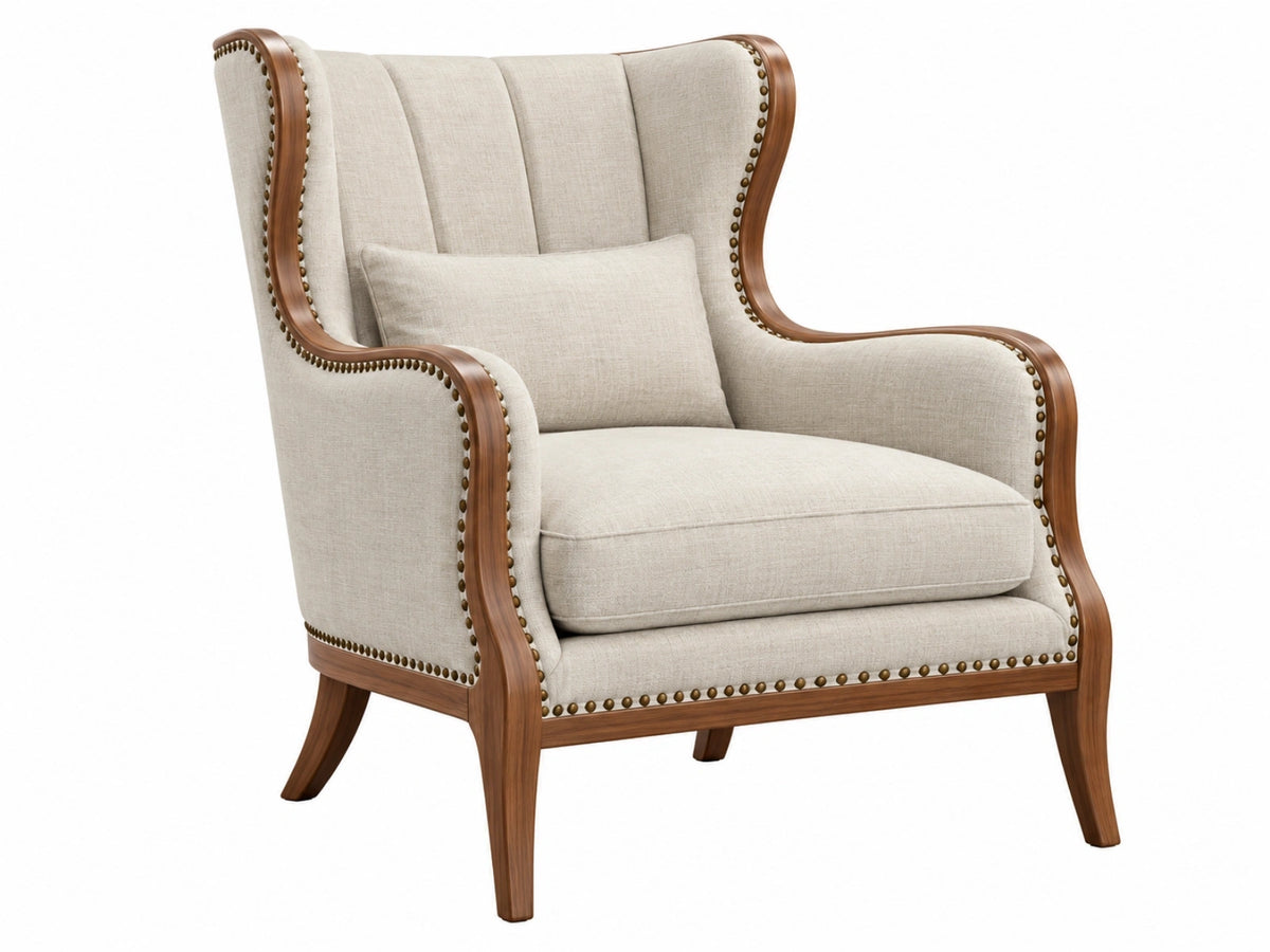 Fauteuil 85 x 90 x 110 cm en tissu beige et bois brun style classique