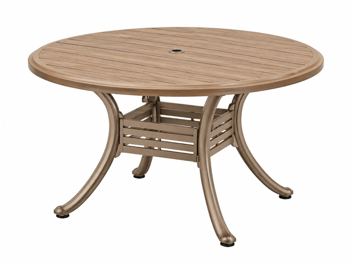 Table de jardin ronde 120 x 74 cm en métal bronze aspect bois avec trou de parasol style classique