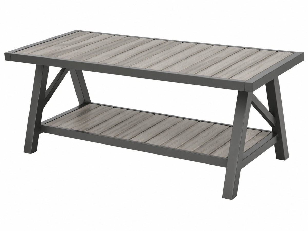 Table de jardin rectangulaire 180 x 90 cm aluminium gris style industriel avec tablette basse