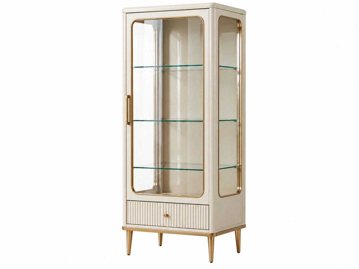 Vitrine 70 x 40 x 180 cm en verre et panneaux ivoire doré style contemporain avec tiroir