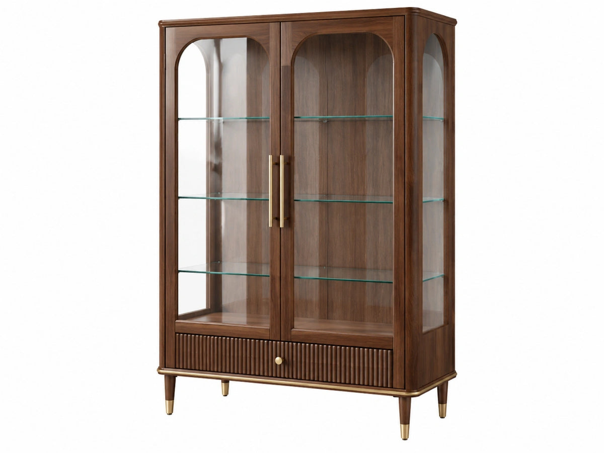Vitrine 100 x 45 x 180 cm en bois brun et verre avec 2 portes et tiroir