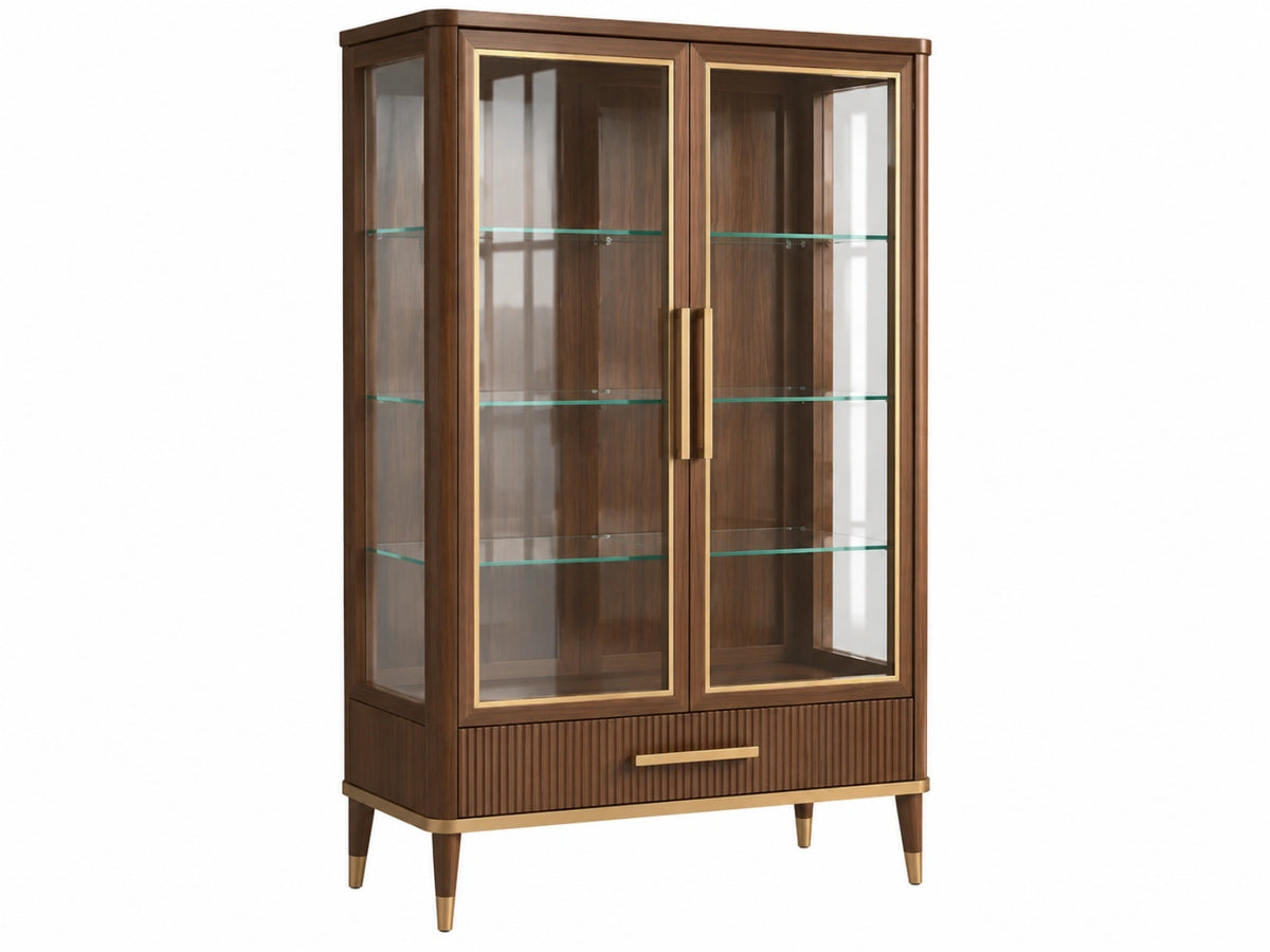 Vitrine 100 x 45 x 180 cm en bois brun et verre style art déco avec tiroir